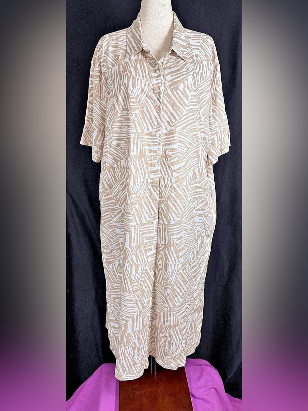 Nottibianche Geometric Maxi Dress in Beige & White XL Like New Button Up Linen